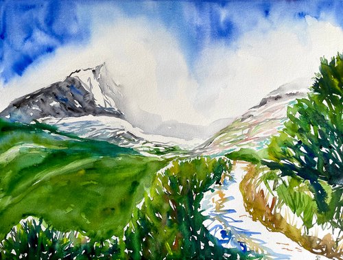 Mountain Original Watercolor Painting, Slovak Large Landscape Artwork, Nature Wall Art, Apres Ski Decor by Kate Grishakova