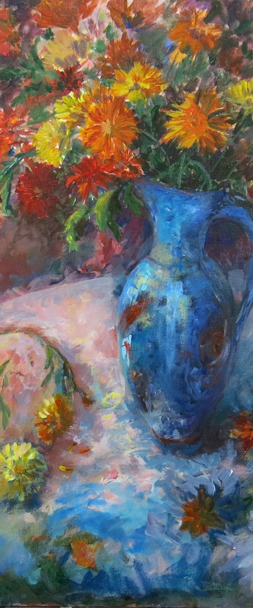 Chrysanthemums in a Blue Jug by Maureen Greenwood