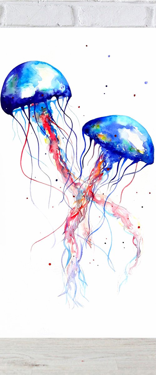 Jellyfish watercolor painting, Sea jellyfish, Watercolor art, Sea world, Wall decor, Nursery by Luba Ostroushko