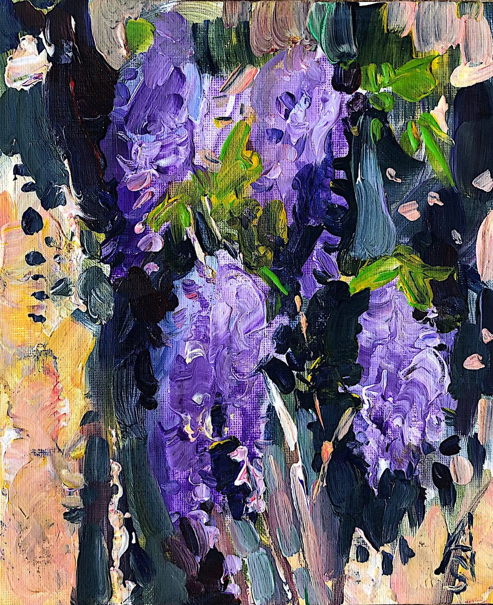 Impressionistic Cityscapes Acrylic Painting By Sona Adalyan, 8 X 9", Blooming Wisteria I, Original Artwork