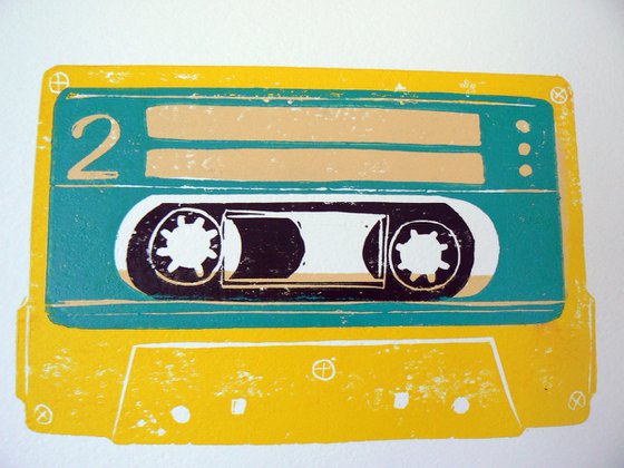 Linocut tapes #21 (cassette tapes, retro music, 70's, 80's rock culture)