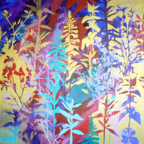 Chinoiserie  ( vibrant semi abstract flower painting with gold - ready to hang)