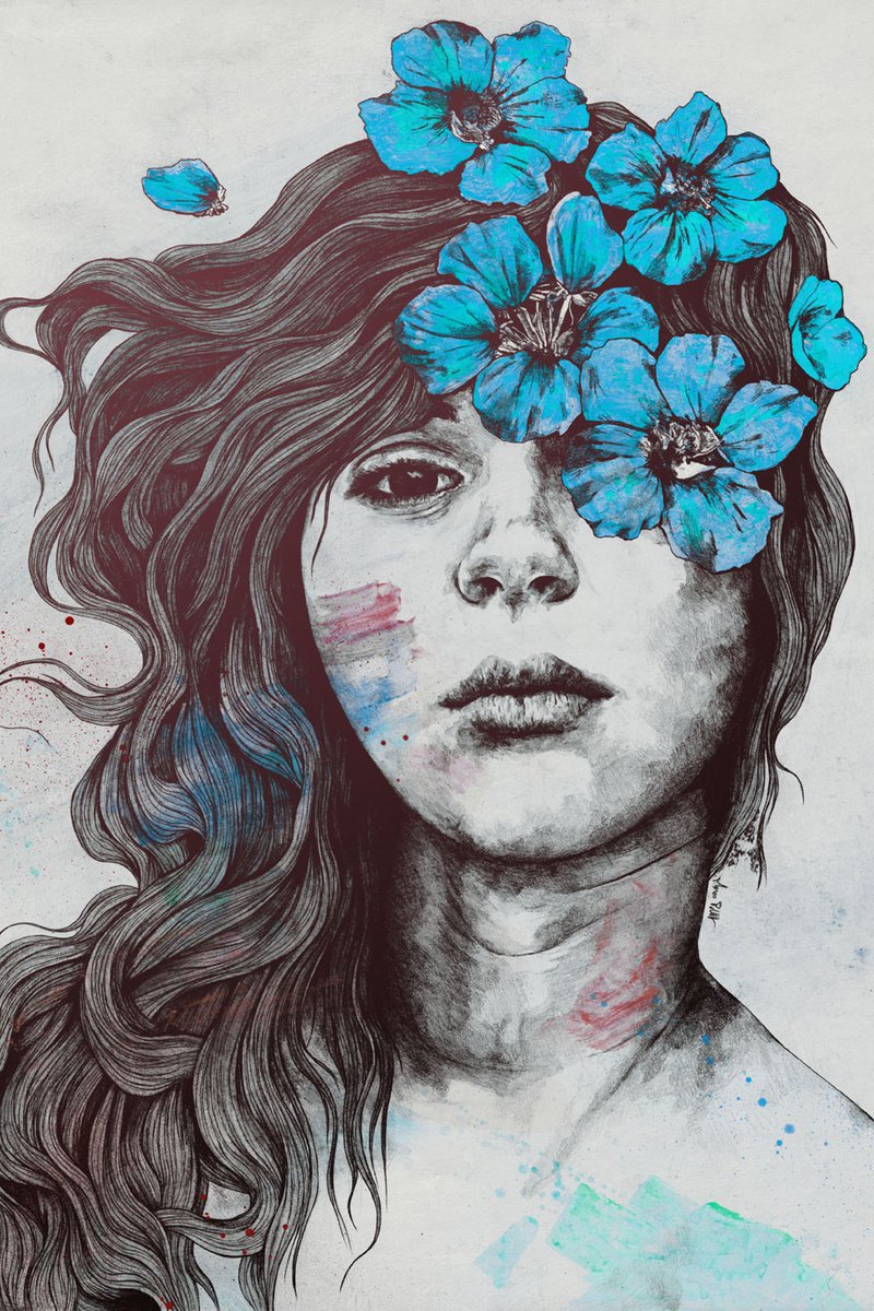 Softly Spoken Agony: Blue | street art flower girl pencil portrait | realistic woman drawi... by Marco Paludet