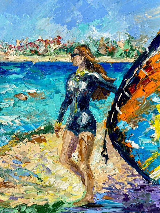 Kitesurfing - Spot atmosphere, 47*37cm, impressionistic oil impasto landscape painting