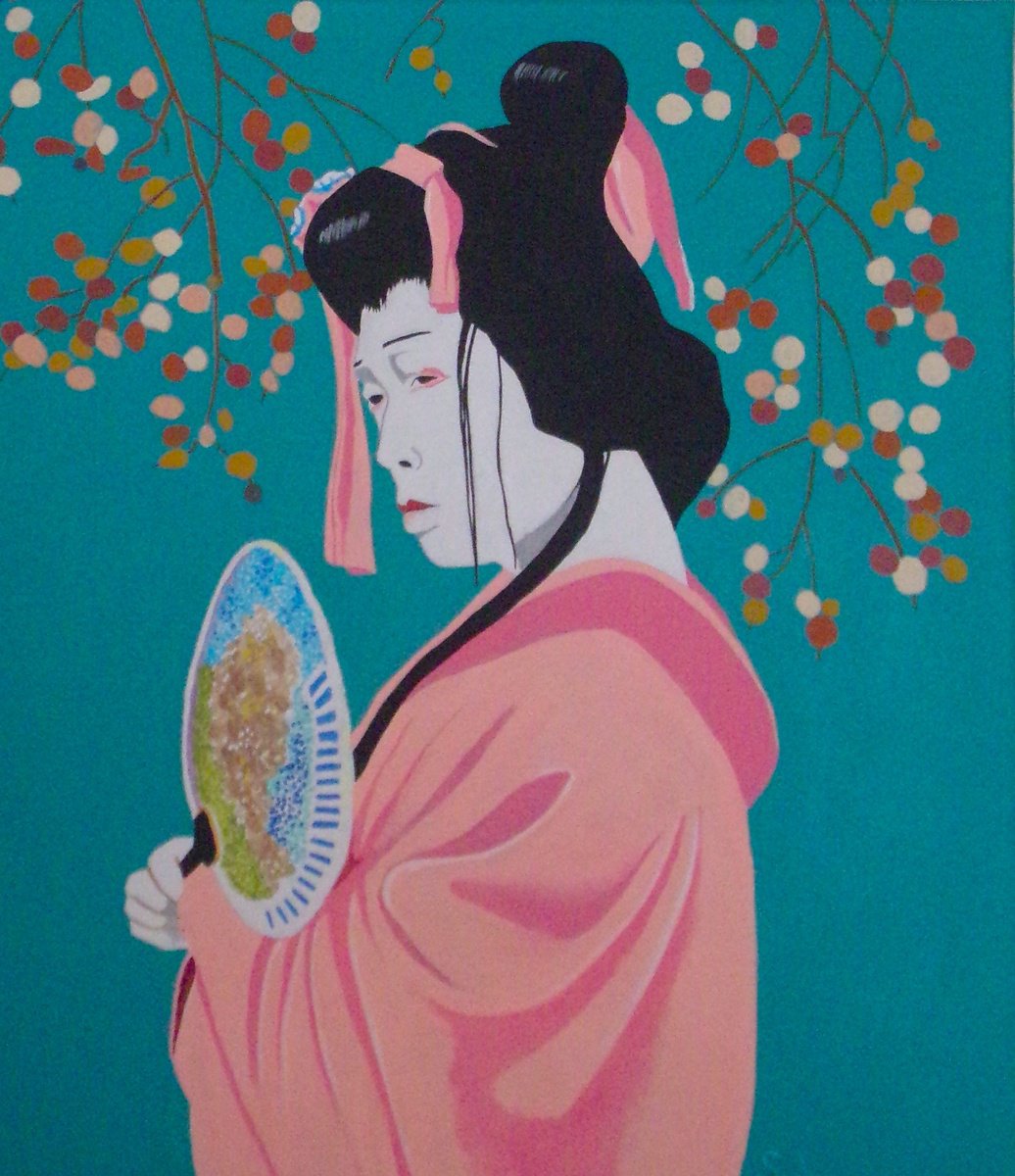 Impressionistic Portrait Acrylic Painting By Andrew Sabori, 20 X 24, Geisha Girl With Fan, Original Artwork