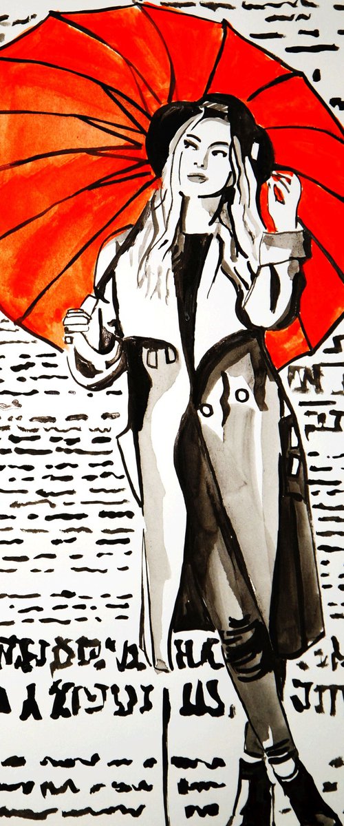 Girl with umbrella / 42 x 29.7 cm by Alexandra Djokic