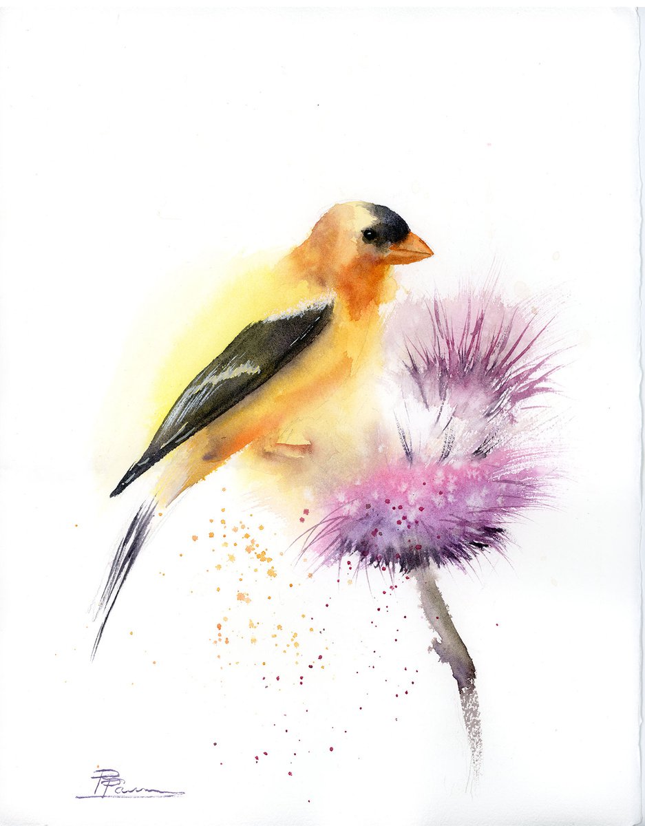 Impressionistic Animal Watercolour By Olga Tchefranov (Shefranov), 11 X 15", Goldfinch On Flower, Original Artwork