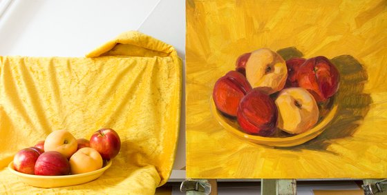 peaches on yellow plate