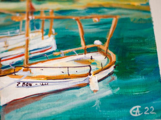 Seaside town in Catalunya. Sunny small landscape with boats. Original acrylic painting spain blue gift