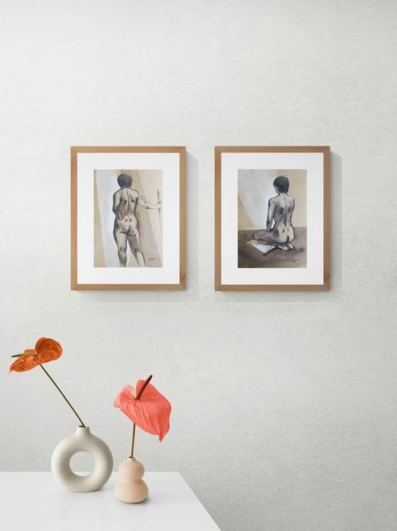 Naked girl. Nude model. Sketch of woman