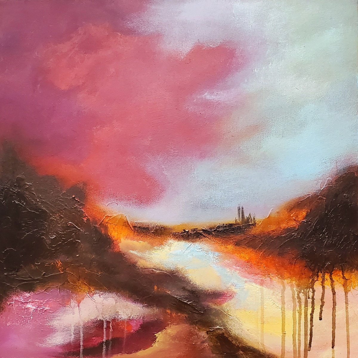 Impressionistic Landscape Acrylic Painting By Niyati Jiwani, 20 X 20", Soft Pink, Original Artwork