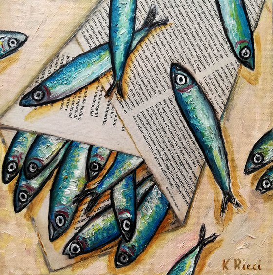 "Fishes in a Bag on Newspaper" Original Oil on Canvas Board Painting 8 by 8 inches (20x20 cm)