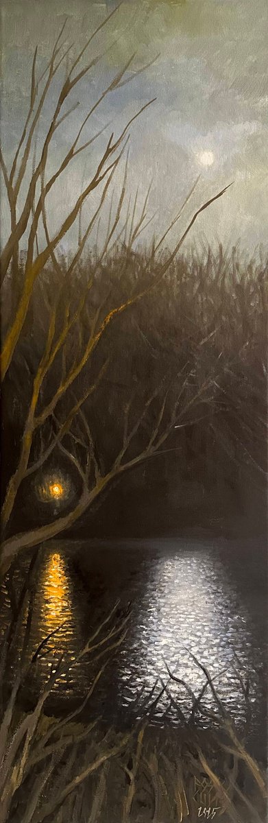 Impressionistic Landscape Oil Painting By Fosco Culto, 12 X 35, The Moon And The Flashlight, Original Artwork