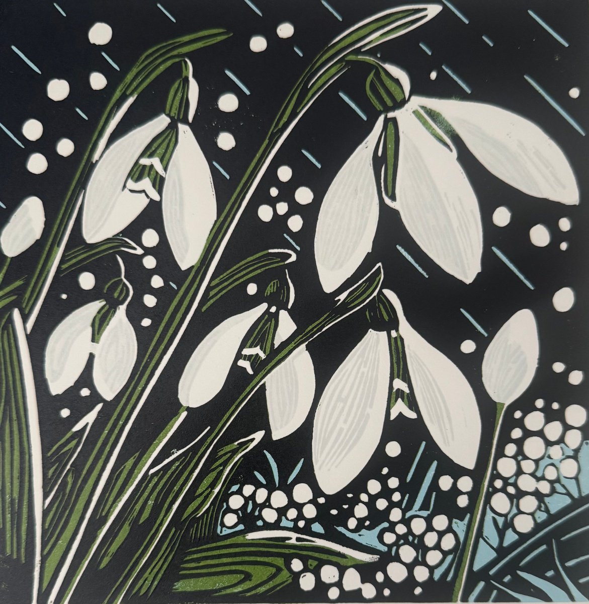 Impressionistic Linocut , Snowdrops By Joanne Spencer, 10 X 10, Artwork For Sale On Artfinder