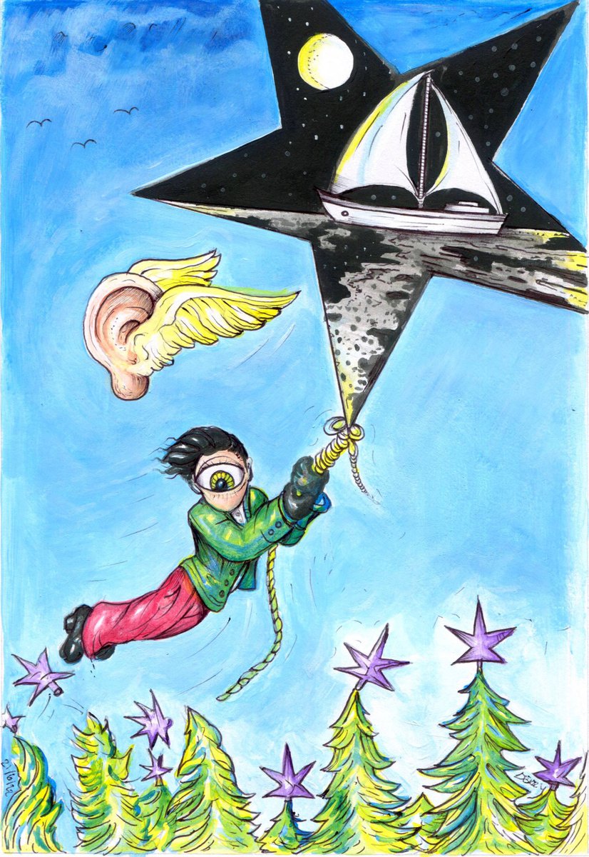 Surrealistic Portrait Drawing By Spencer John Derry, 8 X 12", Hanging On A Star, Original Artwork