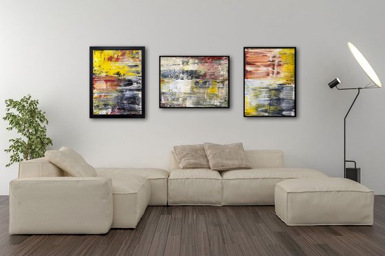 "The Usual Suspects" - FREE USA SHIPPING - Original PMS Abstract Triptych Acrylic Paintings On Canvas and Wood, Framed - 66" x 26"