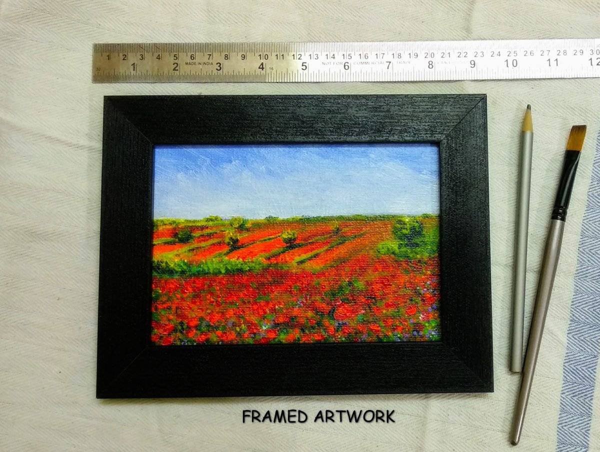 Miniature landscape painting of Poppy meadows (5x 7) acrylic on canvas by Asha Shenoy