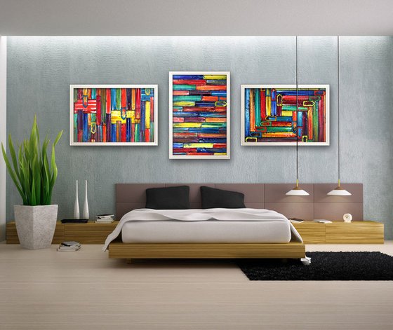 "We Can Do It" - Save As Series + FREE USA SHIPPING - Original Xt Large PMS Abstract Triptych Oil Paintings On Recycled Wood - 108" x 40"