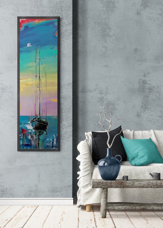 Big vertical painting - "Bright dawn" - delicate color - sunset - sailing boat - seascape