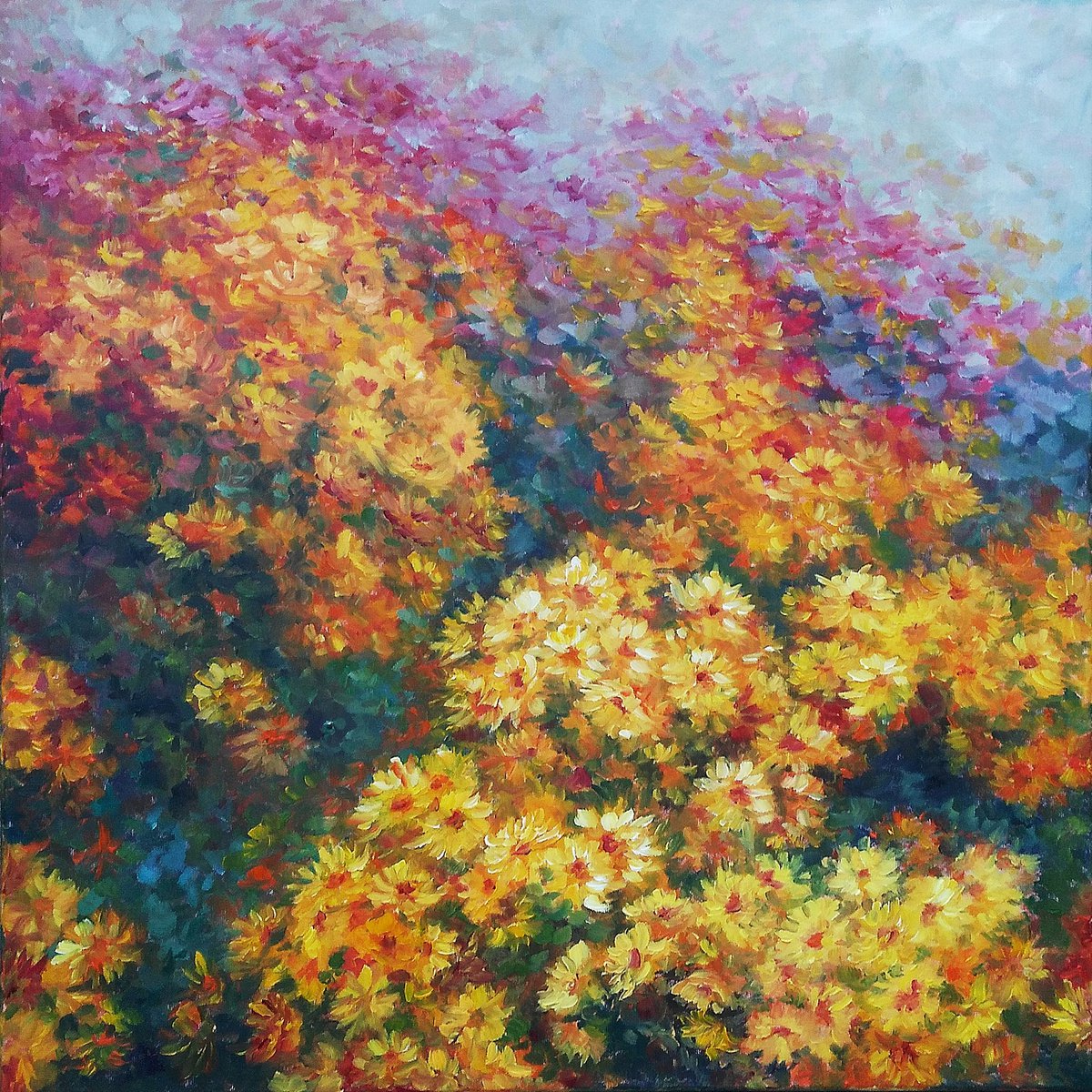 CHRYSANTHEMUM, 70x70cm, autumnal flowers garden oil landscape by Emilia Milcheva