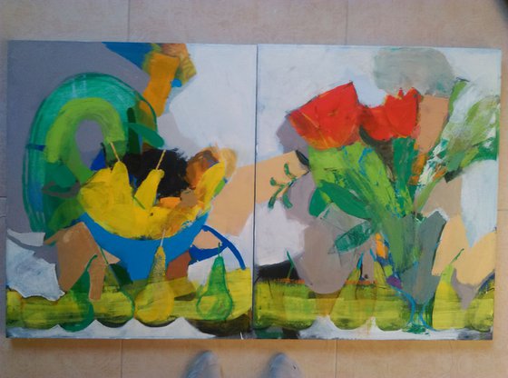 Pears end flowers.Diptych.100x60cm