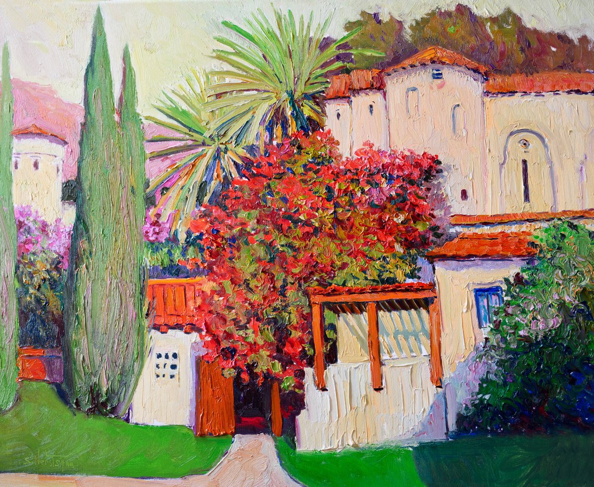 Expressive Landscape Oil Painting By Suren Nersisyan, 30 X 24", Gardens And Hispanic Houses, Original Artwork