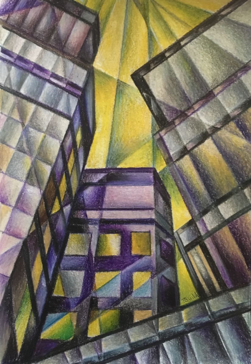 Geometric Cityscapes Pencil Drawing By Tiffany Budd, 11 X 13", Small Dominant, Original Artwork