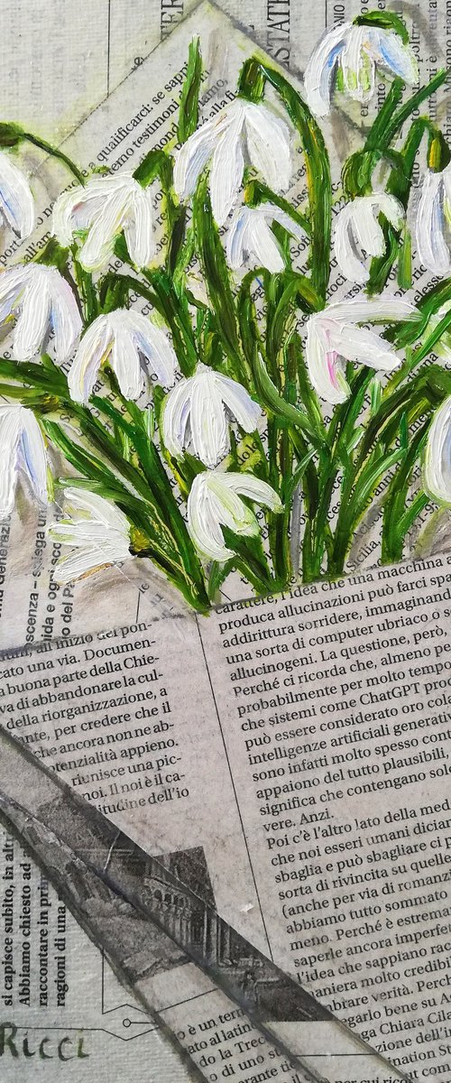 "Snowdrops Winter Flowers in a Newspaper Bag" Original Oil on Canvas Board Painting 7 by 10 inches (18x24 cm) by Katia Ricci
