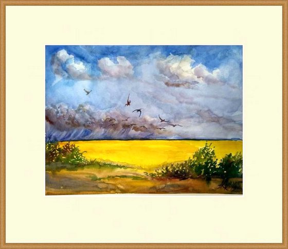 Landscape with rapeseed fields Painting