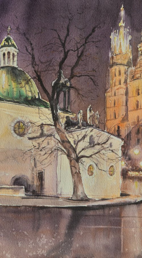 Krakow at night. Church of St. Adalbert. by Eve Mazur
