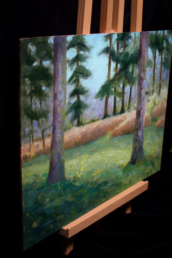 Impressionist Pine tree forest grass and bracken wooded landscape