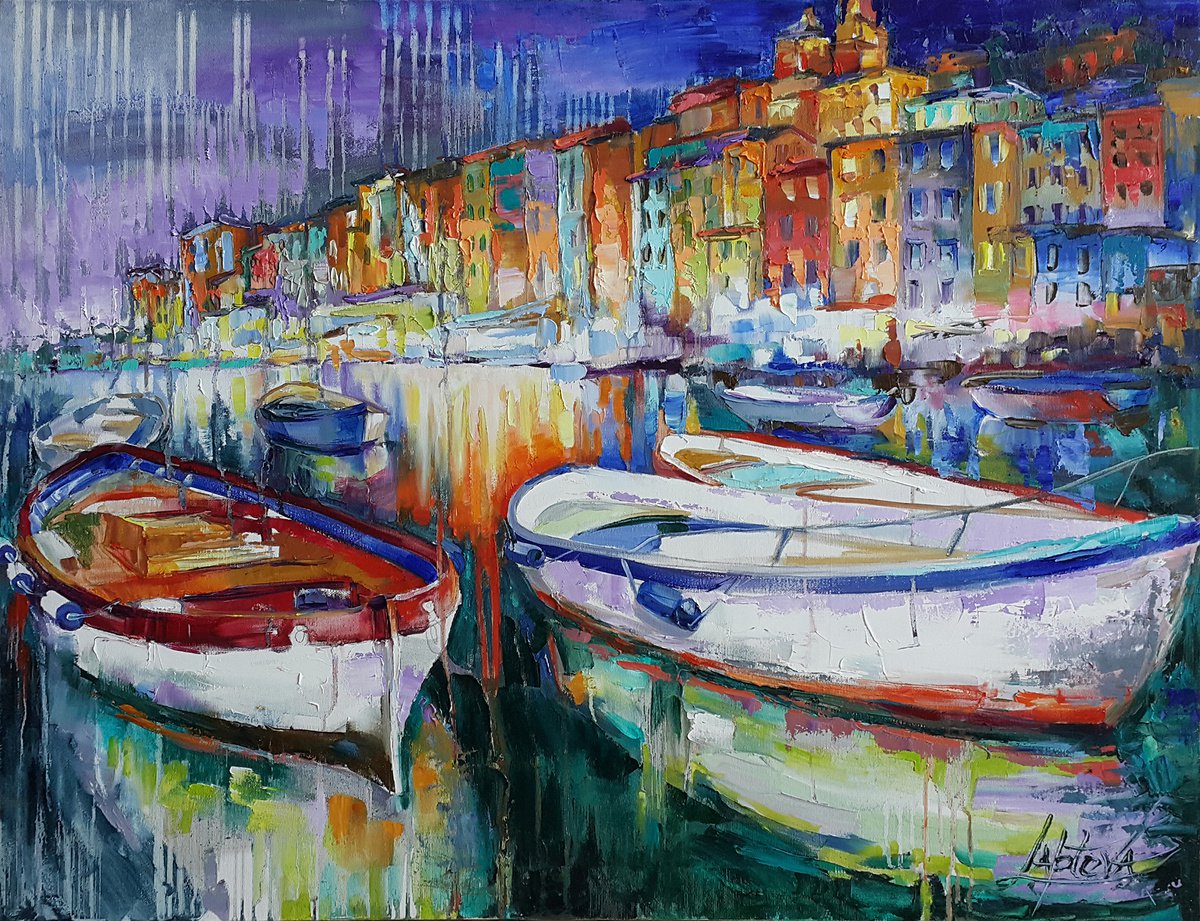 Expressive Landscape Oil Painting By Viktoria Lapteva, 35 X 28", Boats In The Evening City, Original Artwork