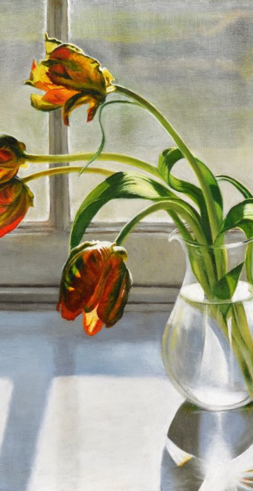 A Jug of Parrot Tulips by Andrew McNeile Jones