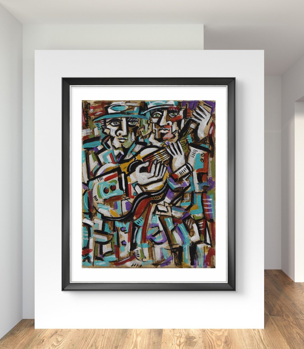Expressive Portrait Acrylic Painting By Nagui, 8 X 10", Two Guitarists 25, Original Artwork