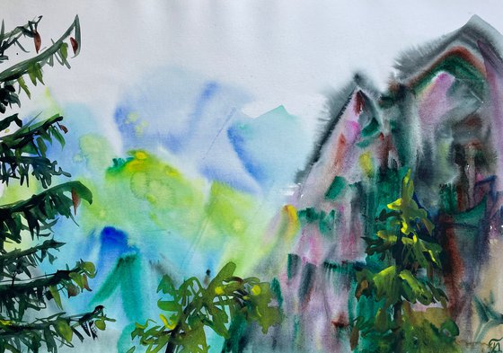 Mountain Watercolor Painting, Foggy Landscape Original Painting, Cozy Home Decor, Green Wall Art