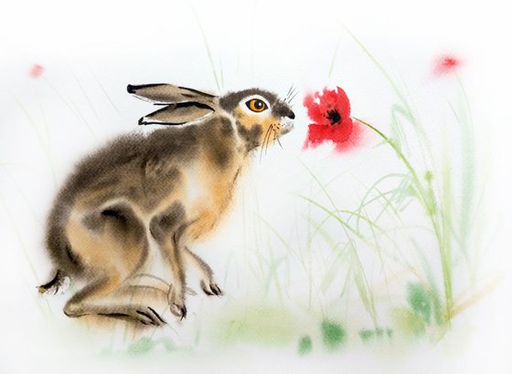 Bunny Smelling Flowers. Easter Bunny - Hare - Rabbit