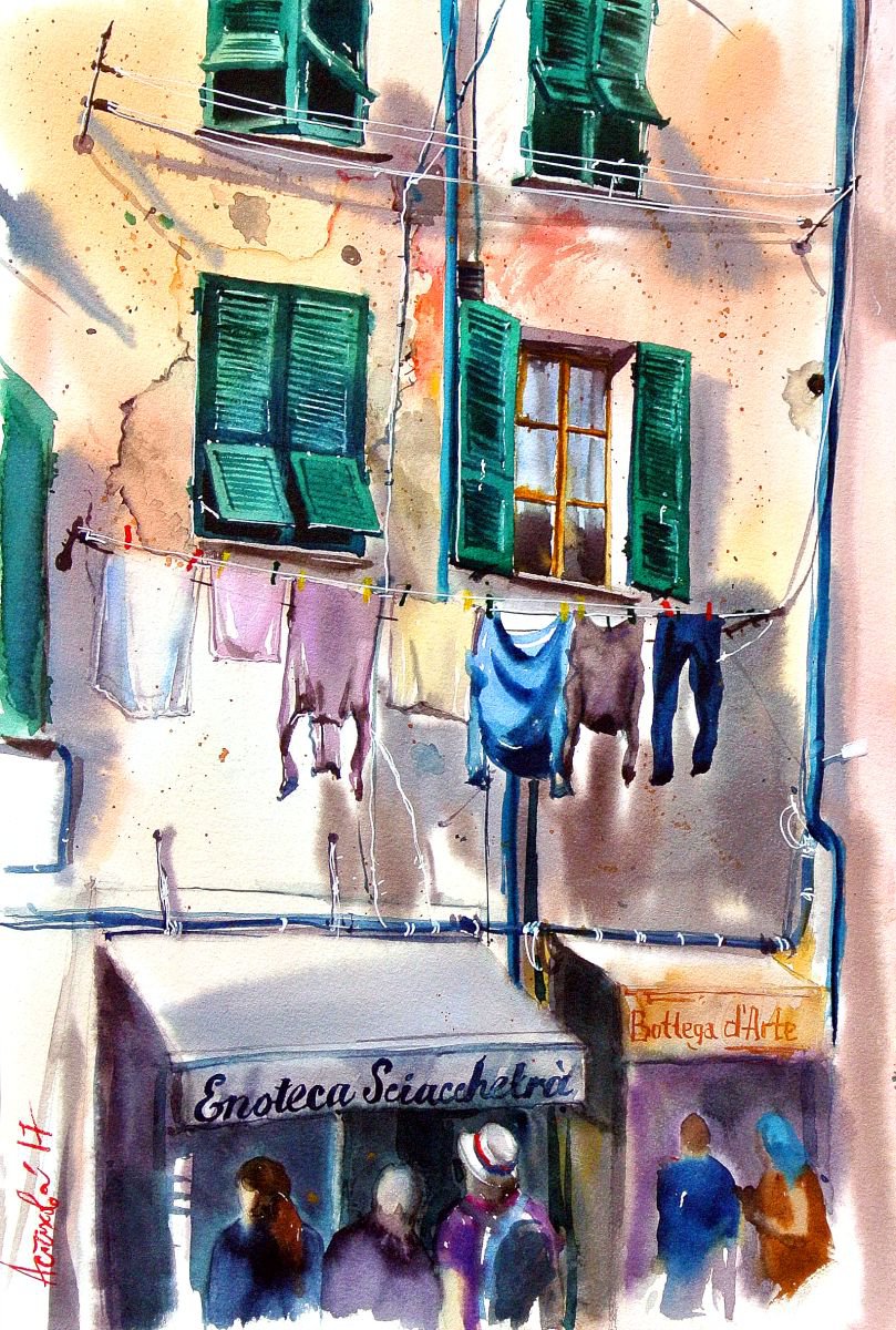 Impressionistic Cityscapes Watercolour By Ksenia Astakhova, 12 X 18", A House From Vernazza, Original Artwork
