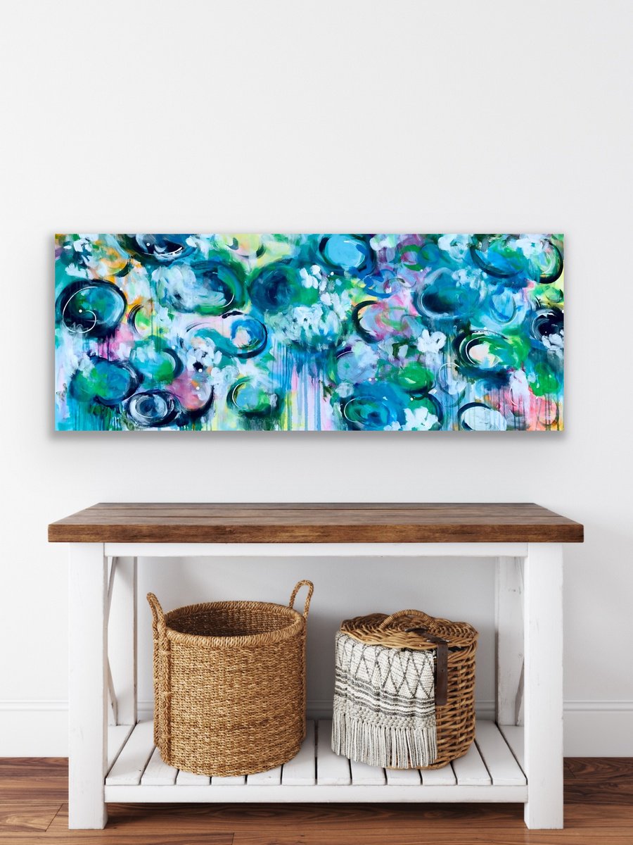 Organic Botanical Acrylic Painting By Veronica Vilsan, 59 X 24", Love In A Pond, Original Artwork