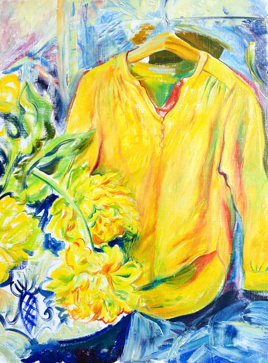 Impressionistic Still Life Oil Painting By Daria Galinski, 12 X 16, Still Life With Yellow Shirt And Tulips, Original Artwork