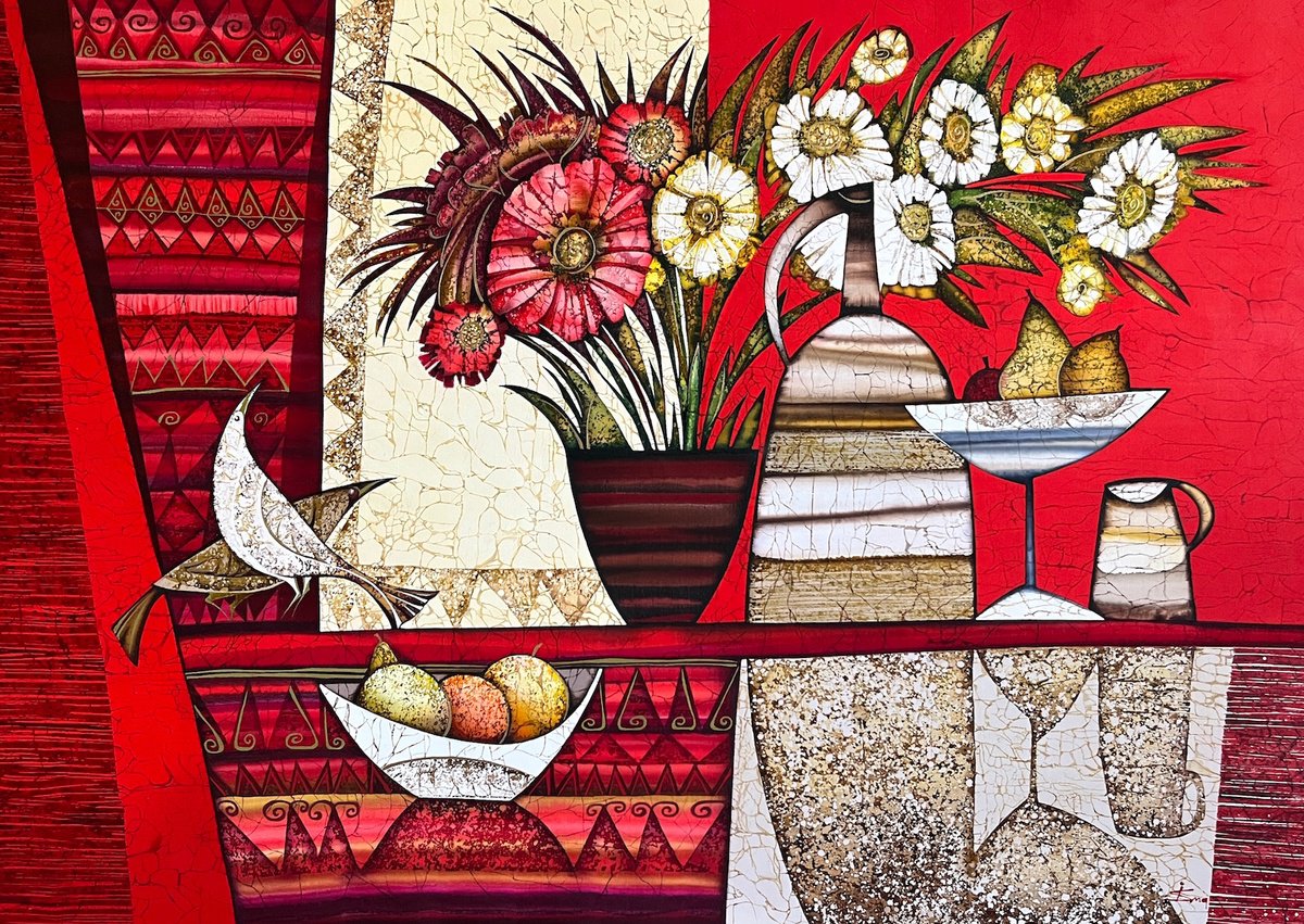 Organic Still Life Acrylic Painting By Julia Ismambetova, 38 X 26", Taste Of Summer, Original Artwork