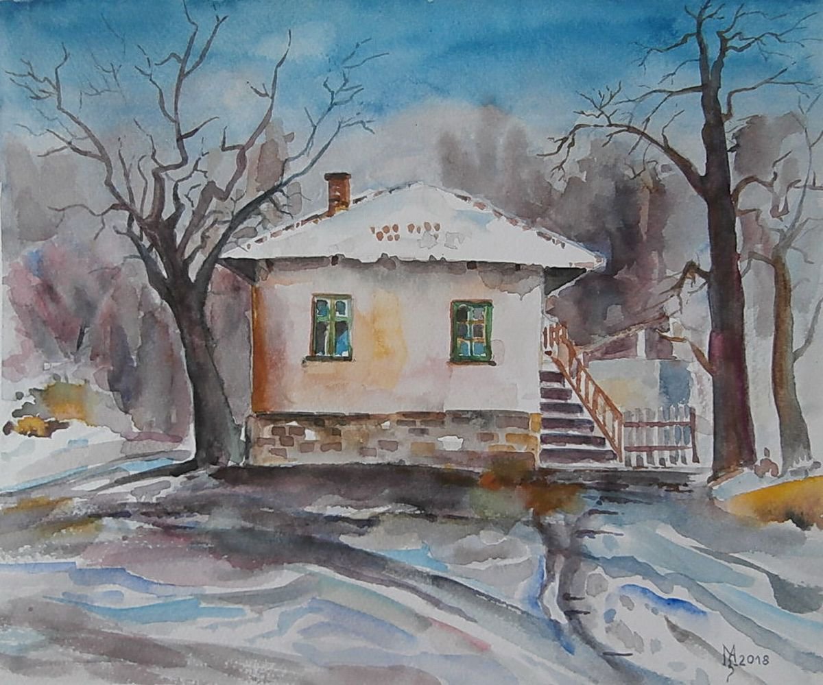 Impressionistic Cityscapes Watercolour By Zoran Mihajlovic Muza, 13 X 11", Country House, Original Artwork