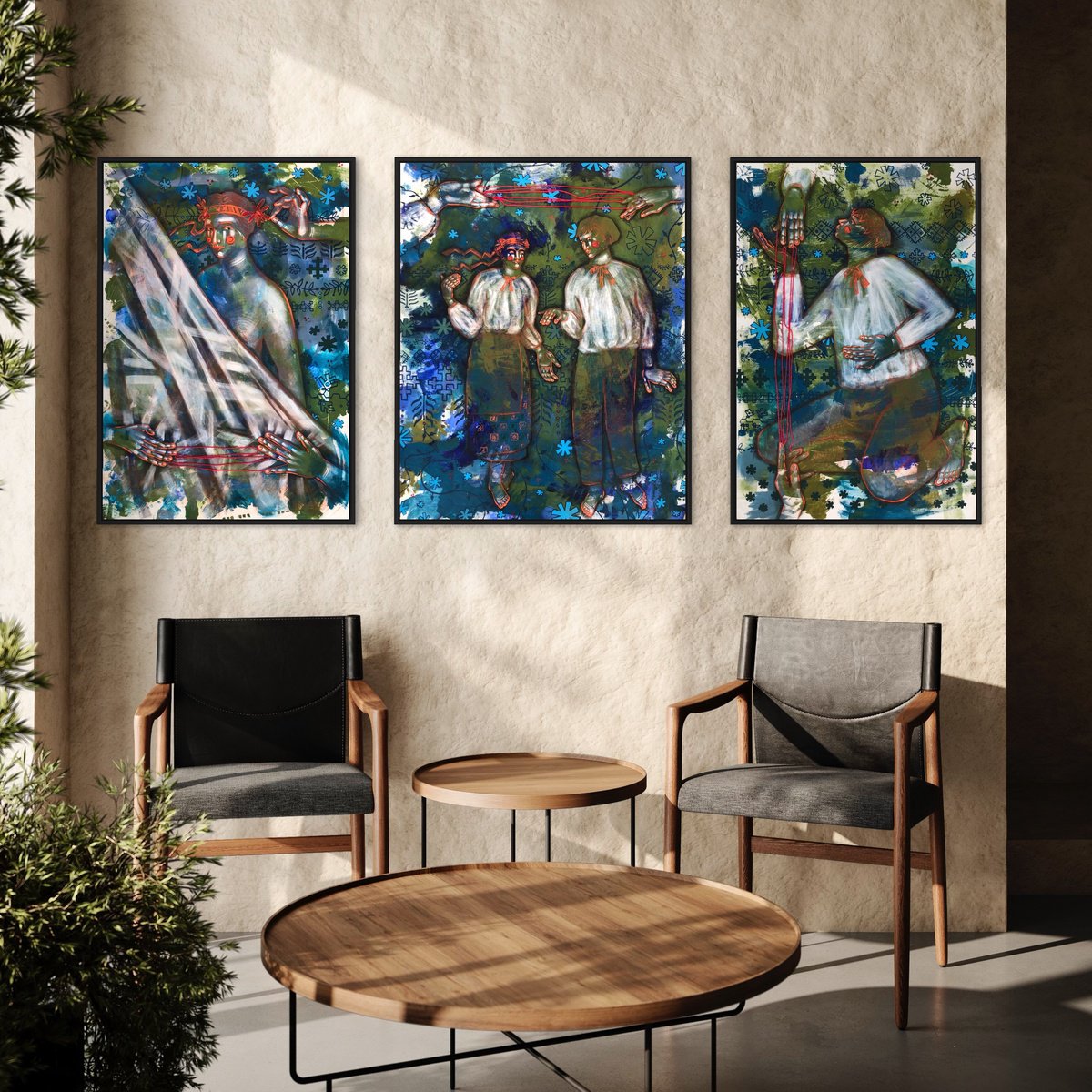 large triptych Vilna folk naive contemporary art by Yuliia Chaika