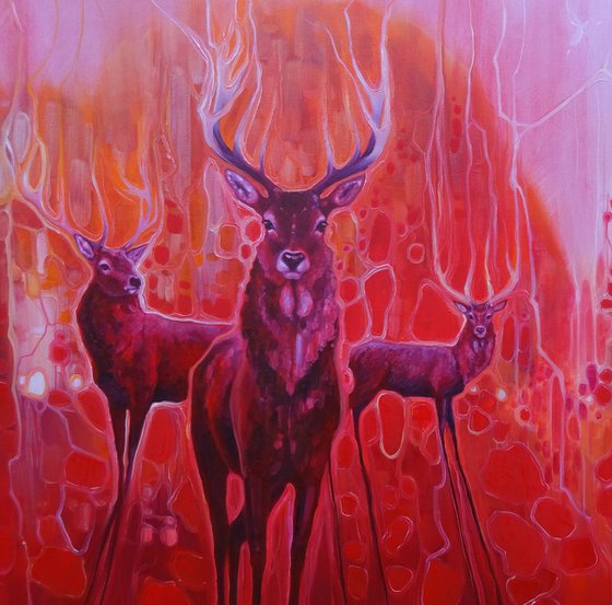 Red Magic - A Red painting with red deer at dawn