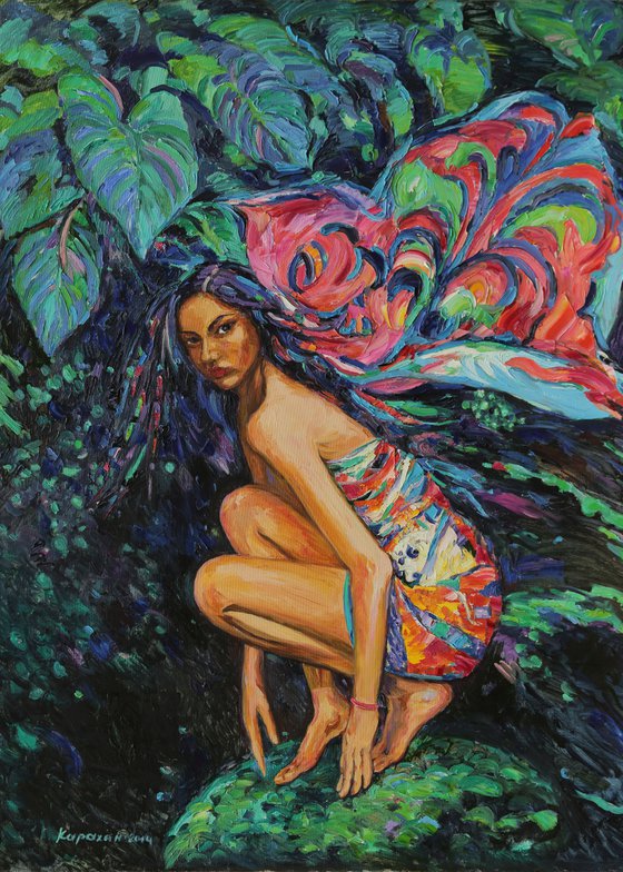 MOTH - Virgo zodiac sign - fgurative original oil painting, large, deep blue, butterfly