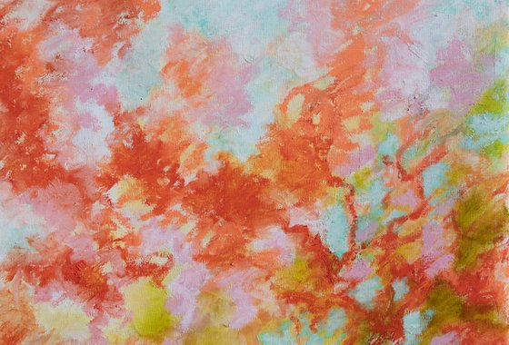The red mimosas, Japanese evocation - energy abstract floral spring blossoms red mauve violet vibrant impressionistic oil painting ready to hang Fauve Nabis color
