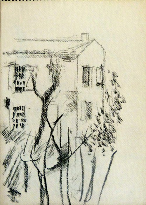 The Suburban House, vintage drawing, 21x29 cm by Frederic Belaubre