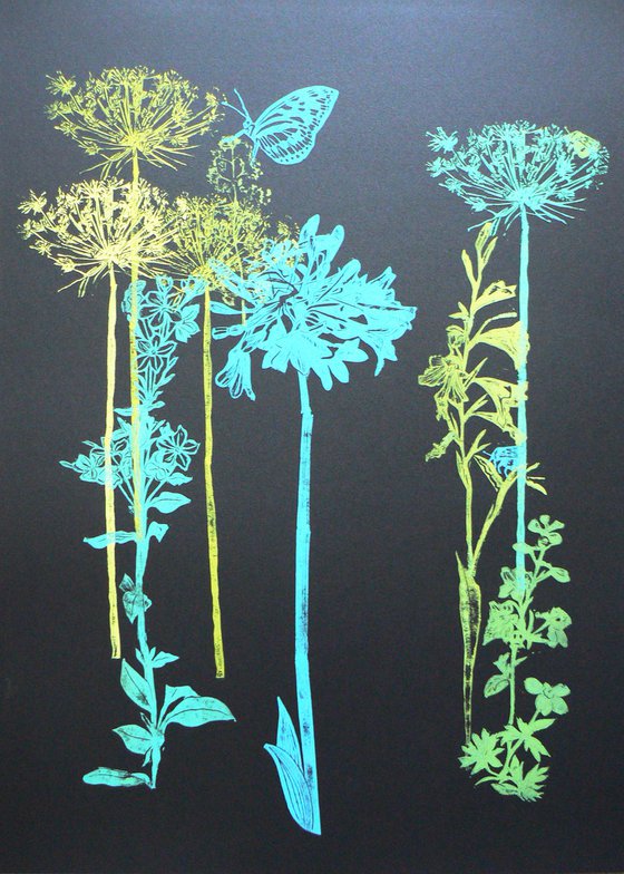 Flora and fauna (fresh green/blue tones on Black Russian cardstock #1)