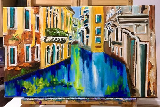 Venice. Canal . Water reflections. Oil painting, palette knife artwork