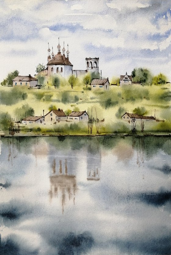 Countryside landscape . Old church painting