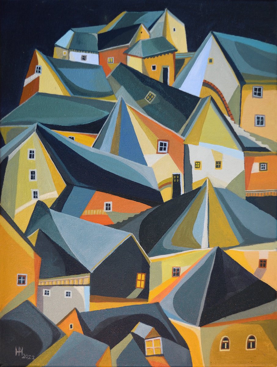 Geometric Cityscapes Oil Painting By Aniko Hencz, 12 X 16, After Midnight, Original Artwork